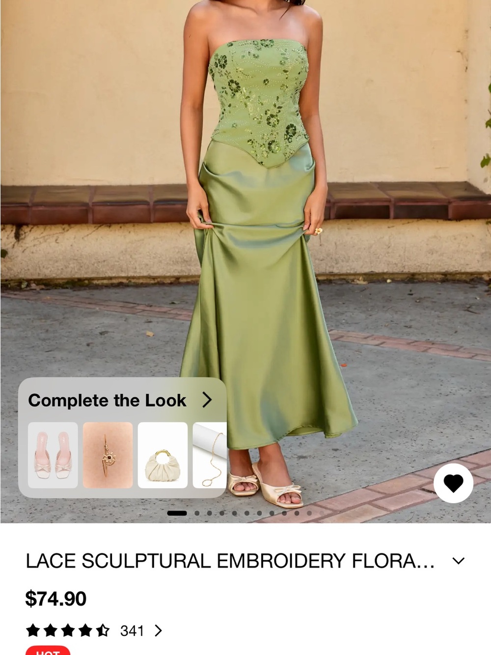 Cider Strapless Olive Green Embroidered Satin Maxi Dress